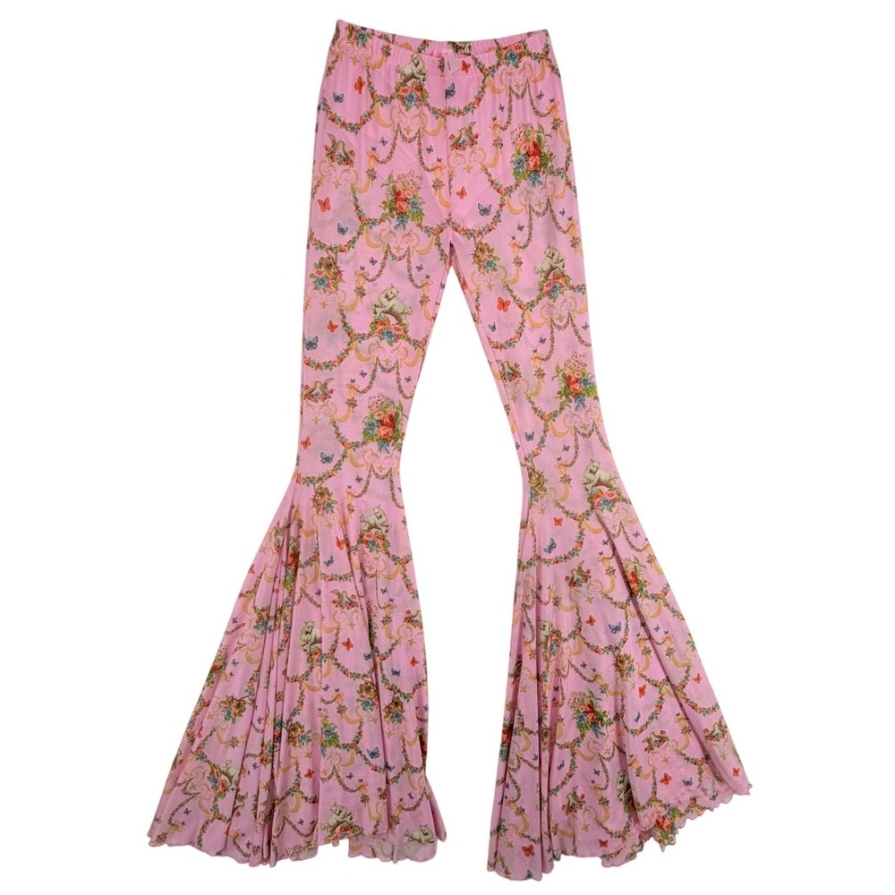 Sugar Thrillz Renaissance Floral Mesh Flare Pants Size S Pink High Rise Coquette - Picture 2 of 9